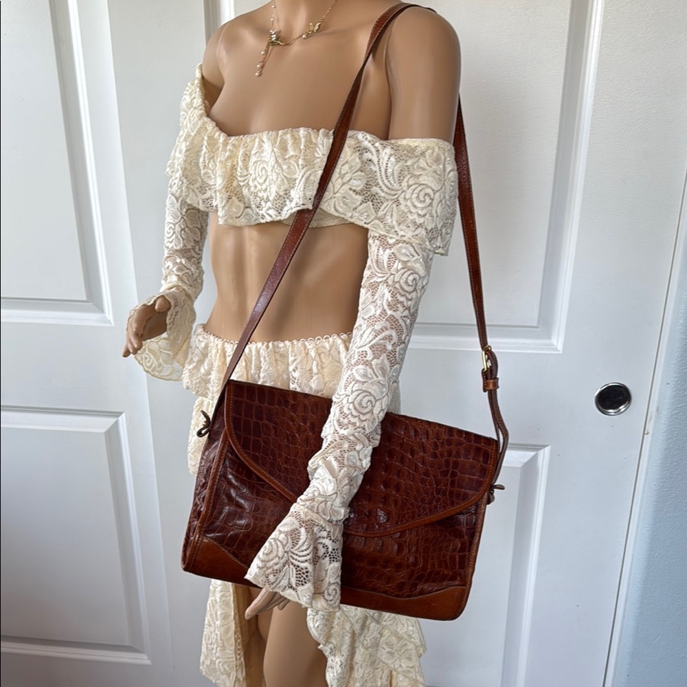 Very early VINTAGE Brahmin Brown Croc-Embossed LEATHER Shoulder Bag